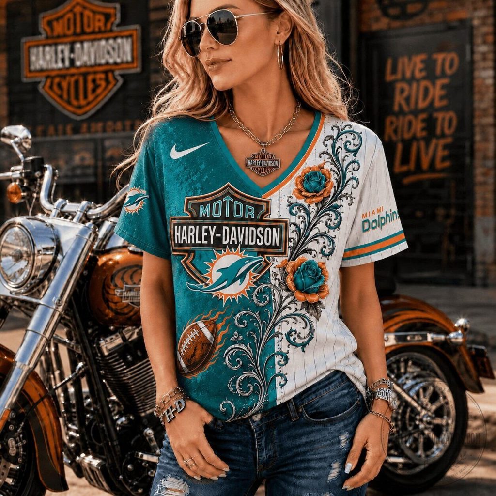 Miami Dolphins Harley Davidson Floral Pattern V-Neck Football Jersey Miami Dolphins Harley Davidson Floral Pattern V-Neck Football Jersey