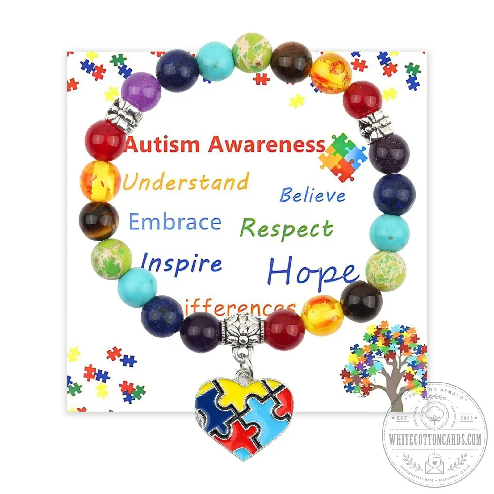 Autism Awareness Puzzle Heart Charm Beaded Bracelet