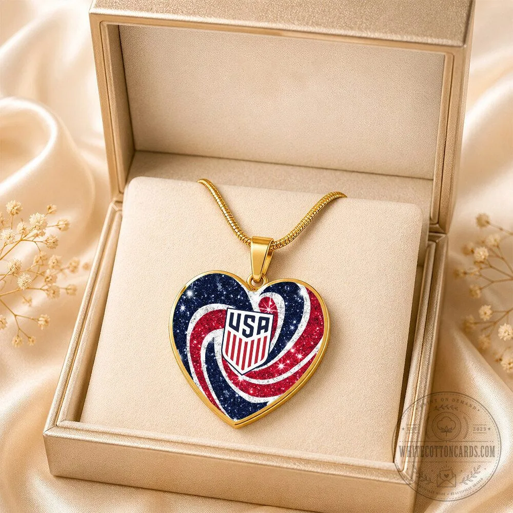 USA Soccer Team Heart Pendant Necklace for Women and Girls, World Cup Fan Gift