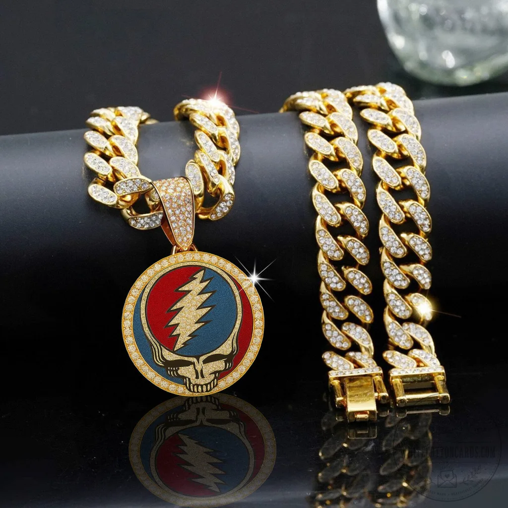 Grateful Dead Steal Your Face Bling Gold Plated Chain Necklace Grateful Dead Steal Your Face Bling Gold Plated Chain Necklace