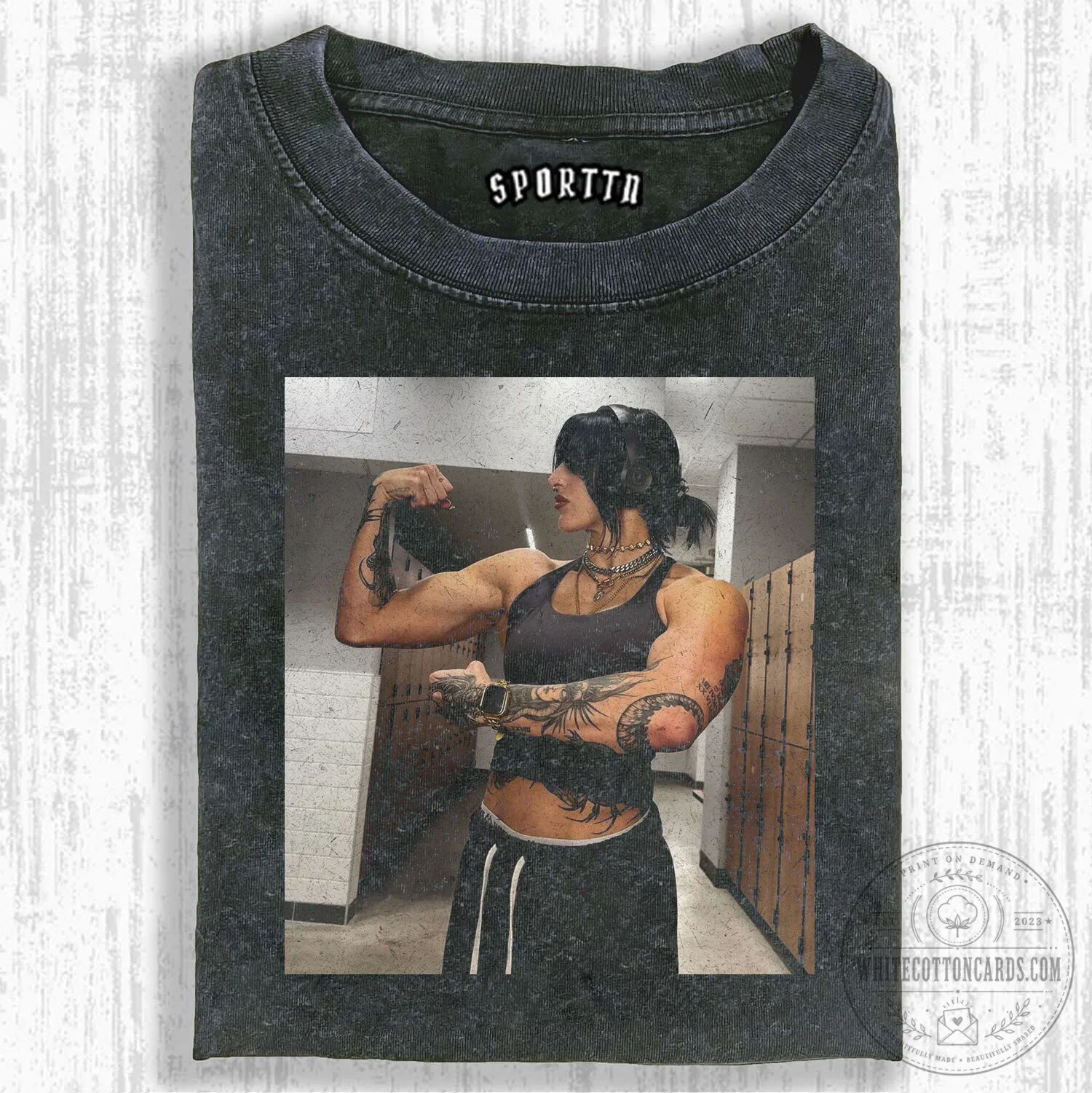WWE Rhea Ripley Muscular Pose Graphic Print Washed Black T-Shirt 1 WWE Rhea Ripley Muscular Pose Graphic Print Washed Black T-Shirt