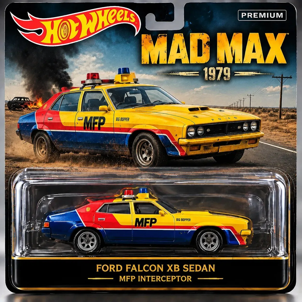 Mad Max 1979 Ford Falcon XB Sedan MFP Interceptor Hot Wheels Premium Diecast Car 2 Mad Max 1979 Ford Falcon XB Sedan MFP Interceptor Hot Wheels Premium Diecast Car