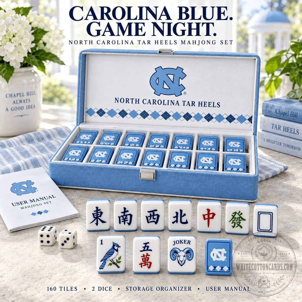 North Carolina Tar Heels Mahjong Game Set with 160 Tiles and Storage Organizer