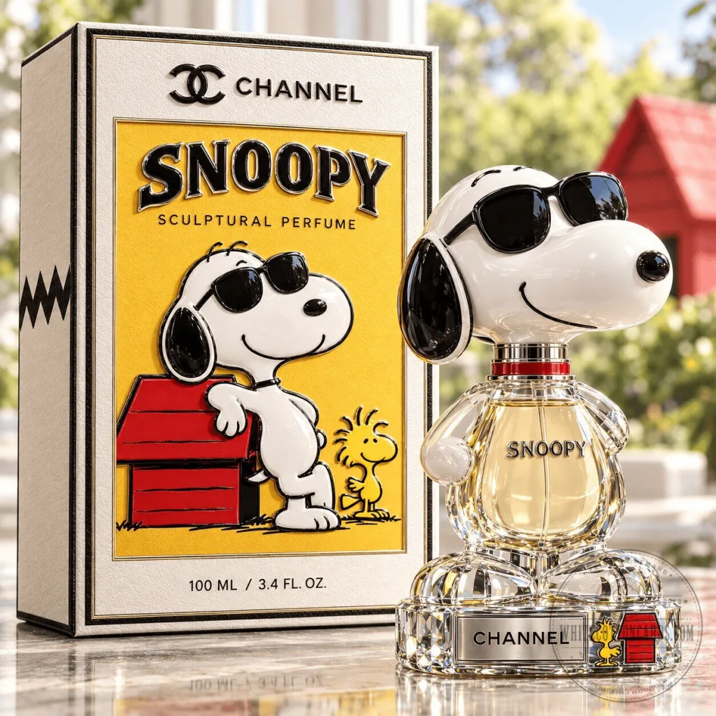 Snoopy Sculptural Perfume Bottle with Chanel Branding and Woodstock Figure Snoopy Sculptural Perfume Bottle with Chanel Branding and Woodstock Figure