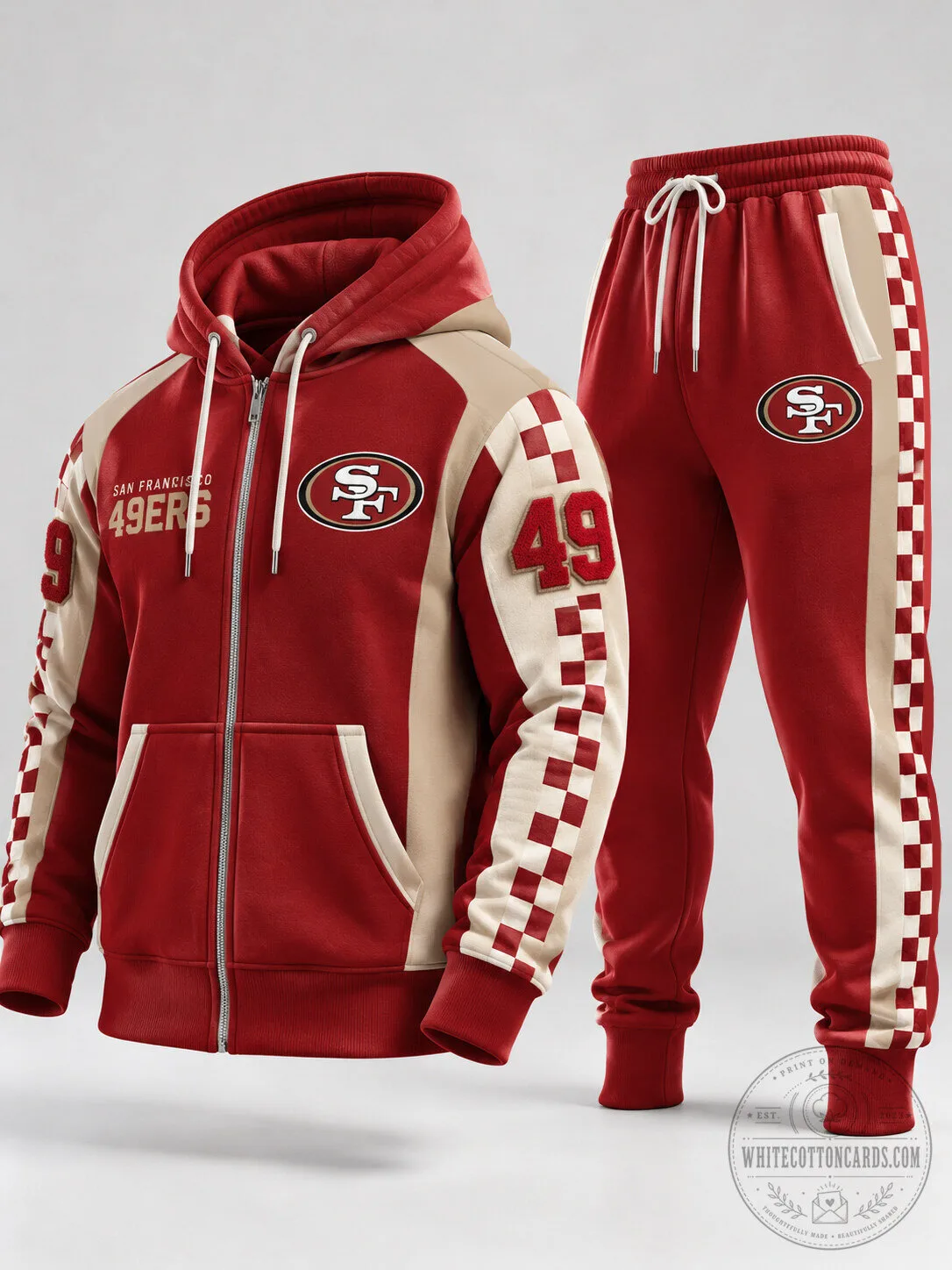 San Francisco 49ers Red and Cream Checkered Full-Zip Hoodie and Jogger Pants Set 5 San Francisco 49ers Red and Cream Checkered Full-Zip Hoodie and Jogger Pants Set