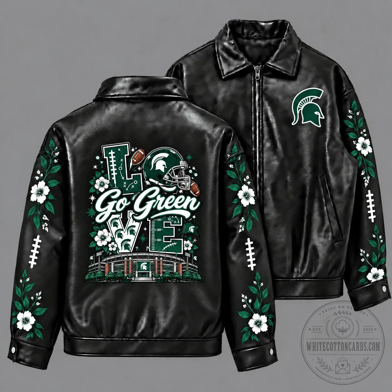 Michigan State Spartans Go Green Football Stadium Floral Black Leather Jacket