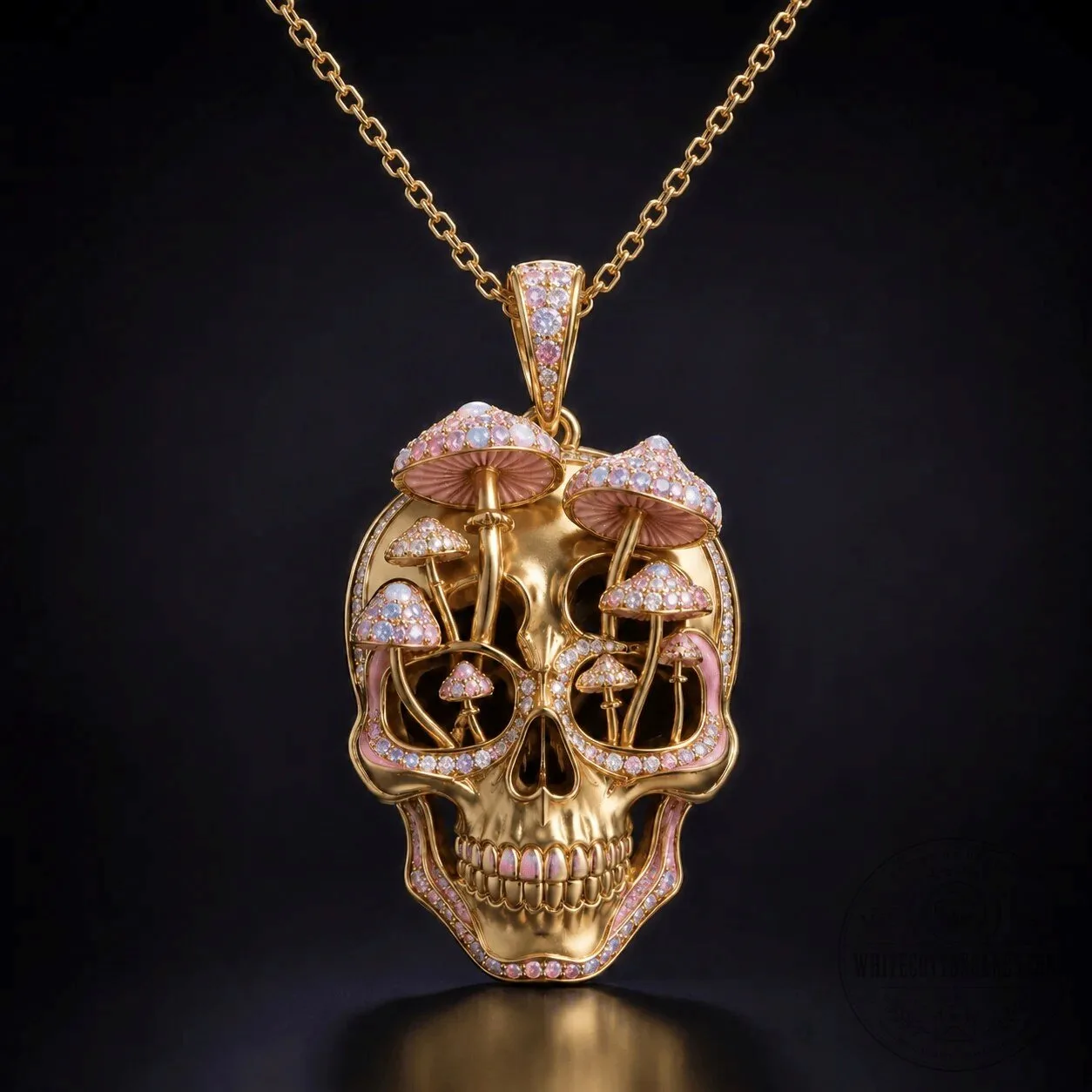 Golden Skull Mushroom Diamond Pendant Necklace with Chain