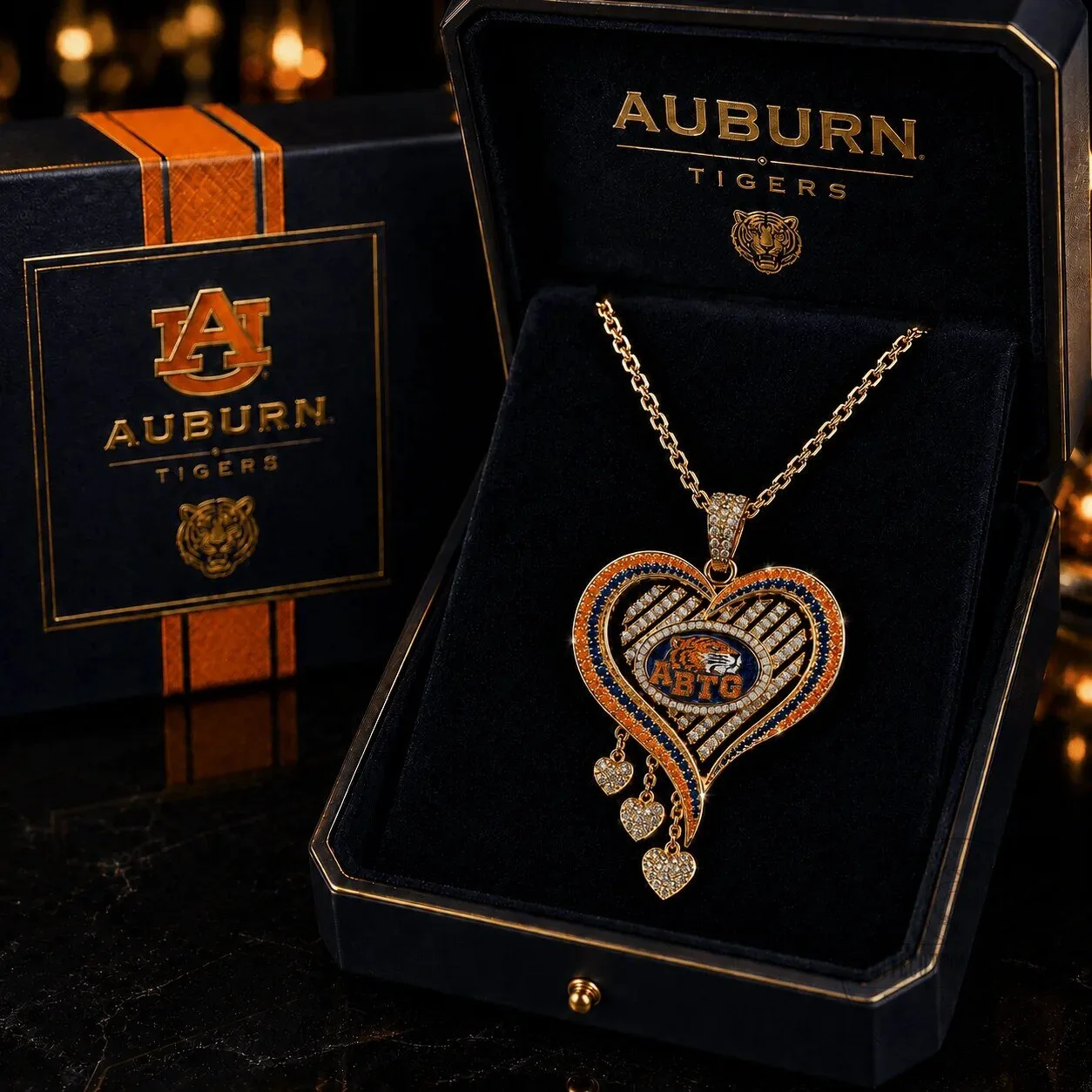 Auburn Tigers Heart Shaped Gold Tone Necklace with Diamond Pendant