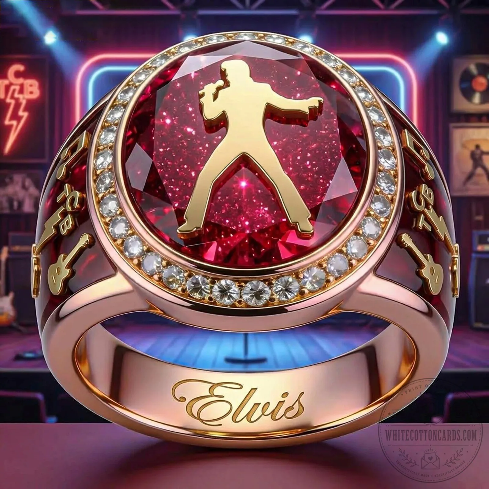 Elvis Presley Silhouette Ruby Red Gemstone Gold Plated Ring 1 Elvis Presley Silhouette Ruby Red Gemstone Gold Plated Ring