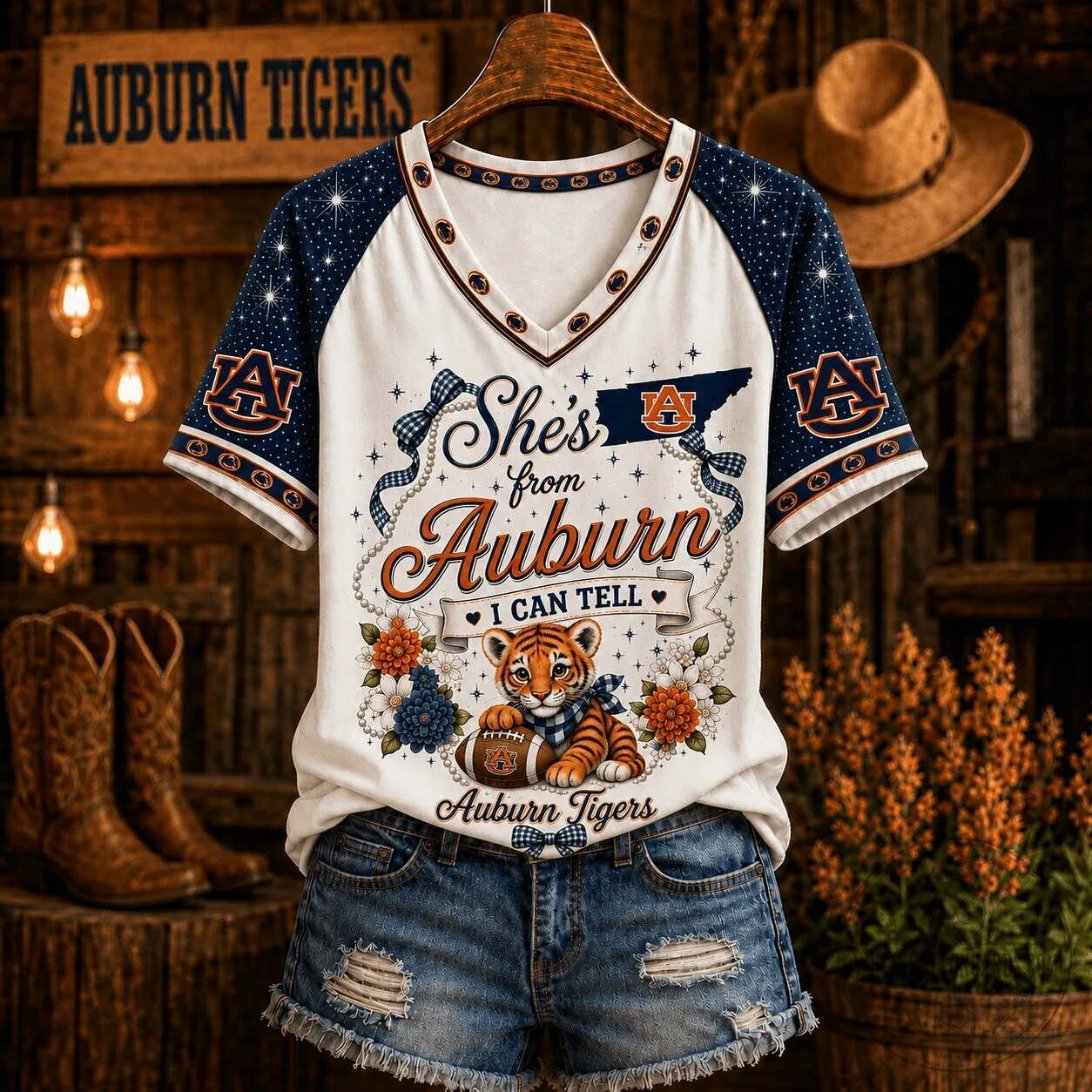 Floral V-Neck T-Shirt Featuring "I Can Tell She's From Auburn" for Auburn Tigers Fans