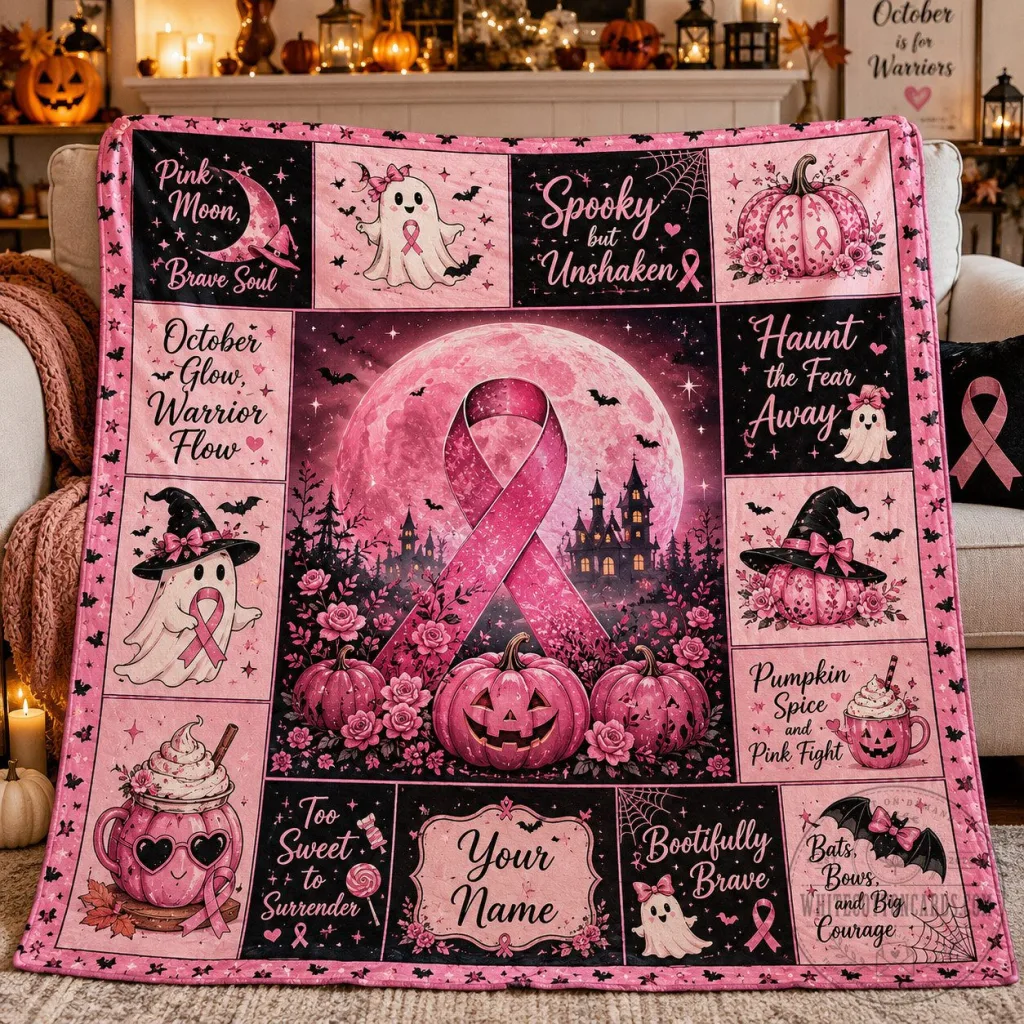 Breast Cancer Awareness Pink Halloween Spooky Ghost Pumpkin Blanket Breast Cancer Awareness Pink Halloween Spooky Ghost Pumpkin Blanket