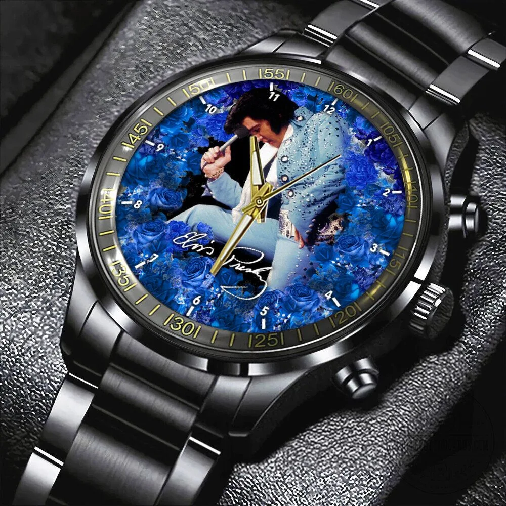 Elvis Presley Blue Rose Pattern Stainless Steel Watch