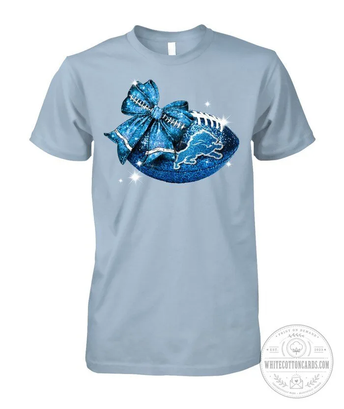 Detroit Lions Football Glitter Bow Light Blue T-Shirt 1 Detroit Lions Football Glitter Bow Light Blue T-Shirt