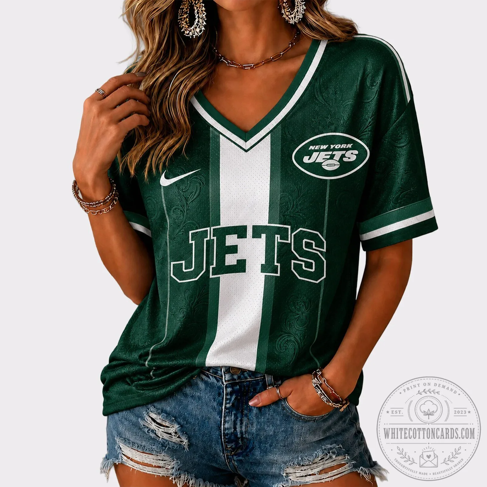 New York Jets NFL Football Team Green and White Fan V-Neck T-Shirt