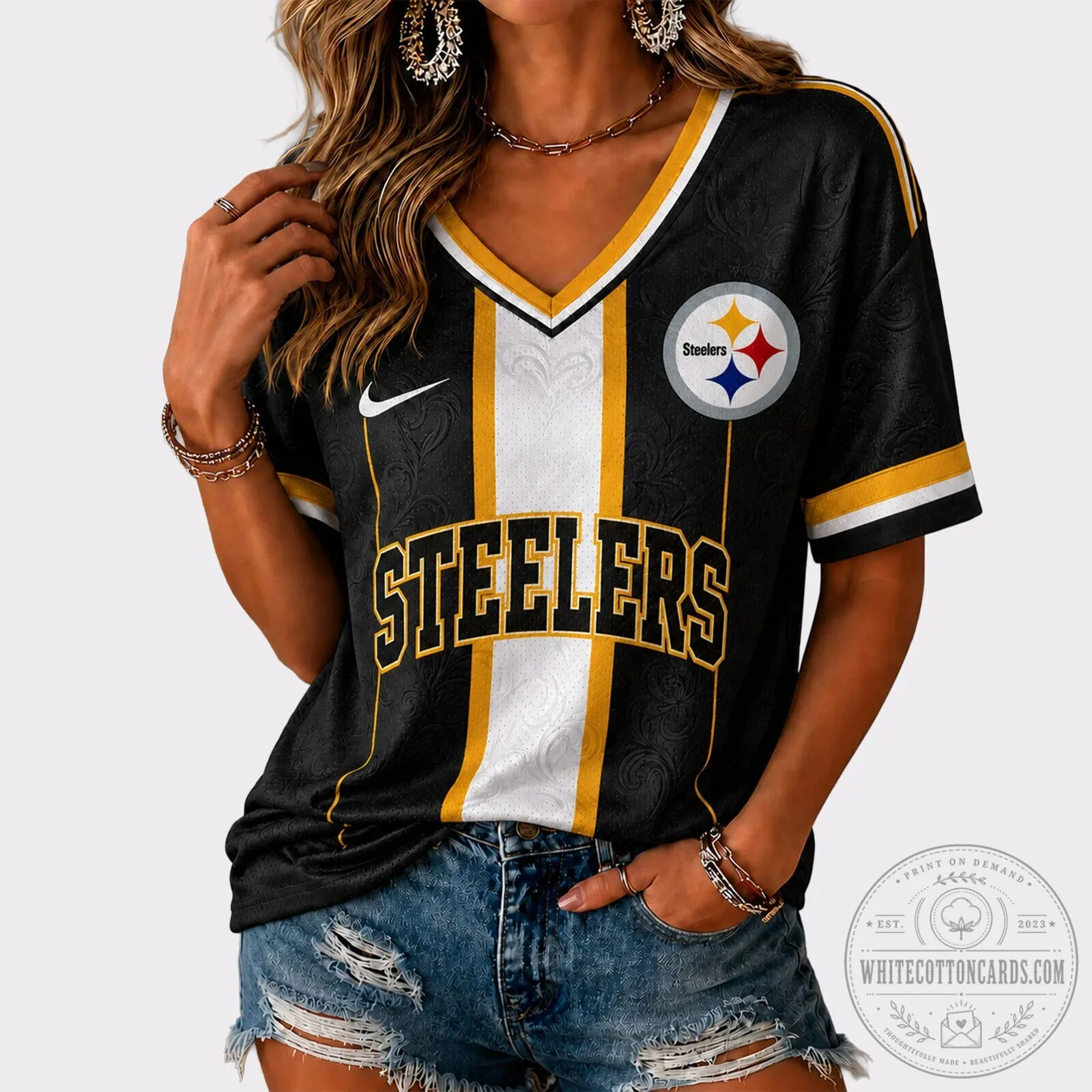 Pittsburgh Steelers NFL Black Gold White Striped V-Neck Casual Football Jersey