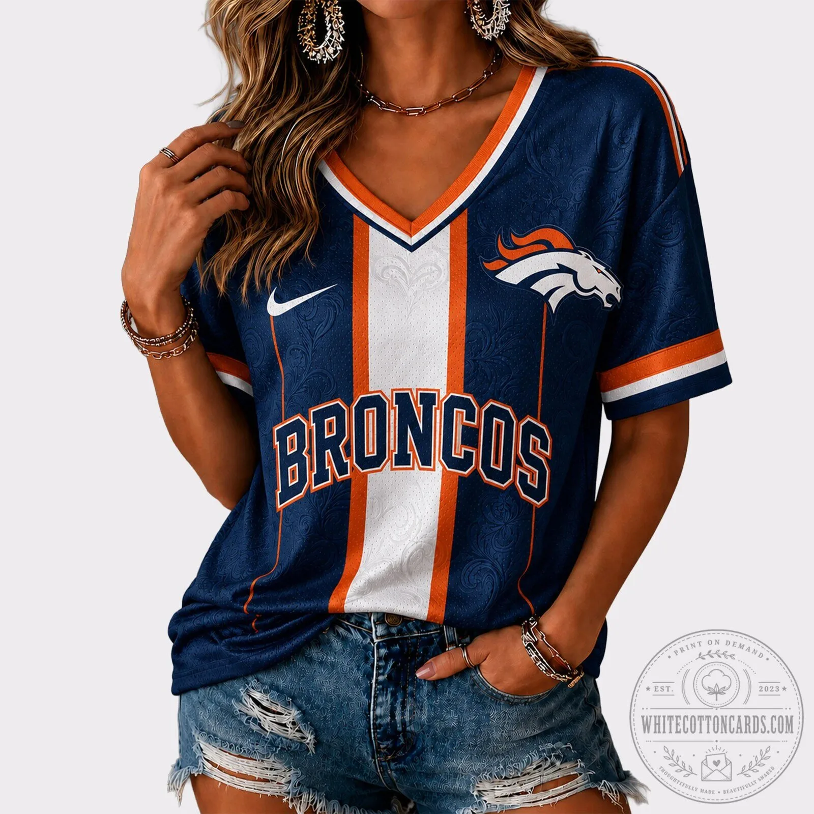 Denver Broncos Women's Football Team Fan V-Neck Short Sleeve Game Day Jersey