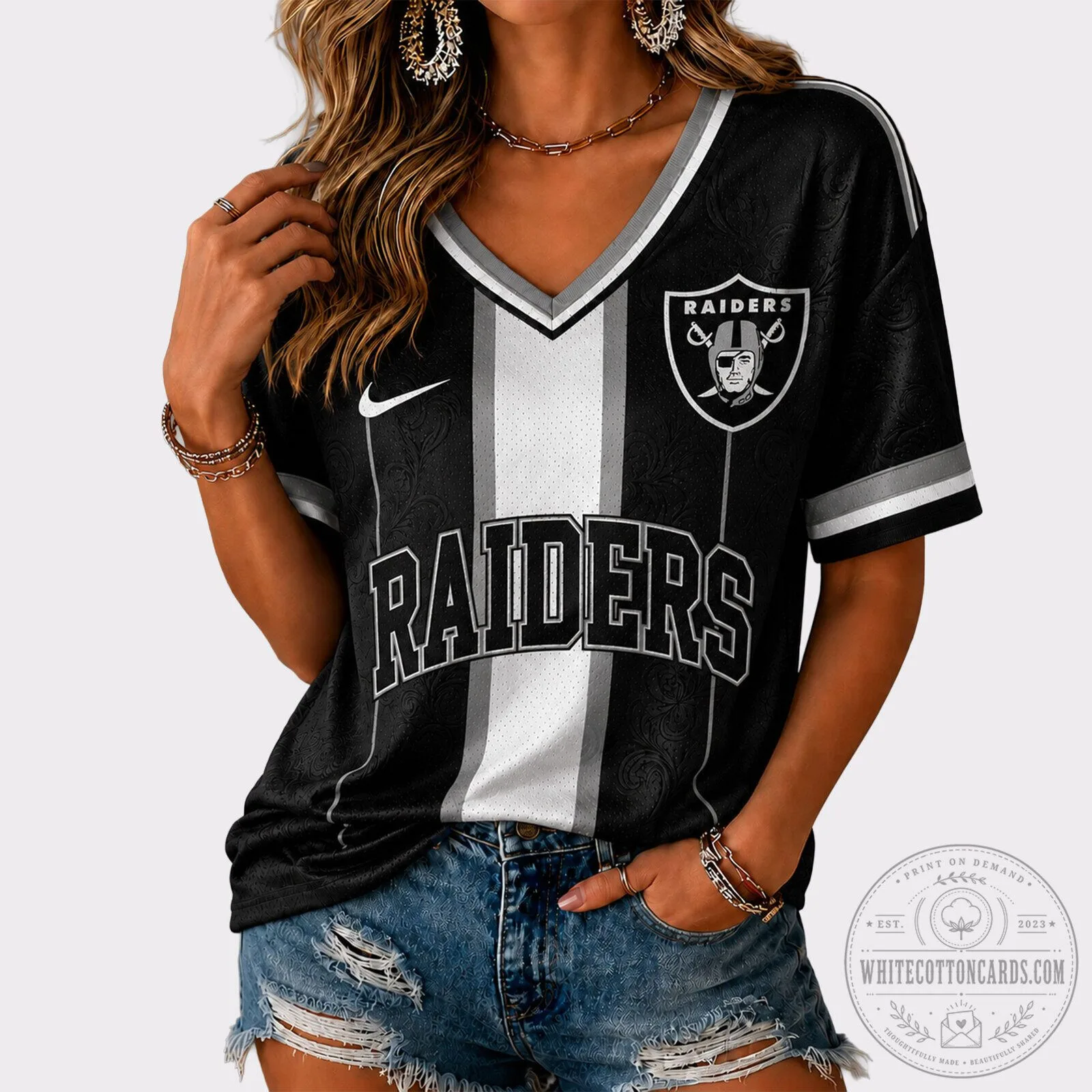 Las Vegas Raiders NFL Football Team Black and White V-Neck Game Day T-Shirt