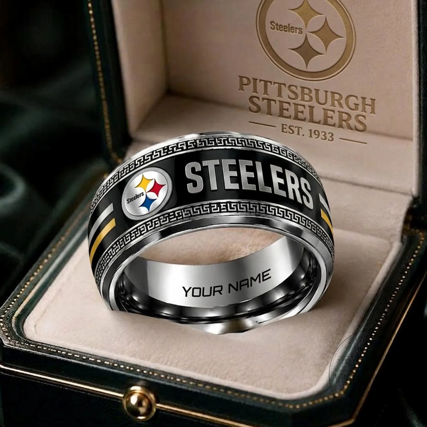 Pittsburgh Steelers Custom Name Engraved NFL Football Team Logo Ring