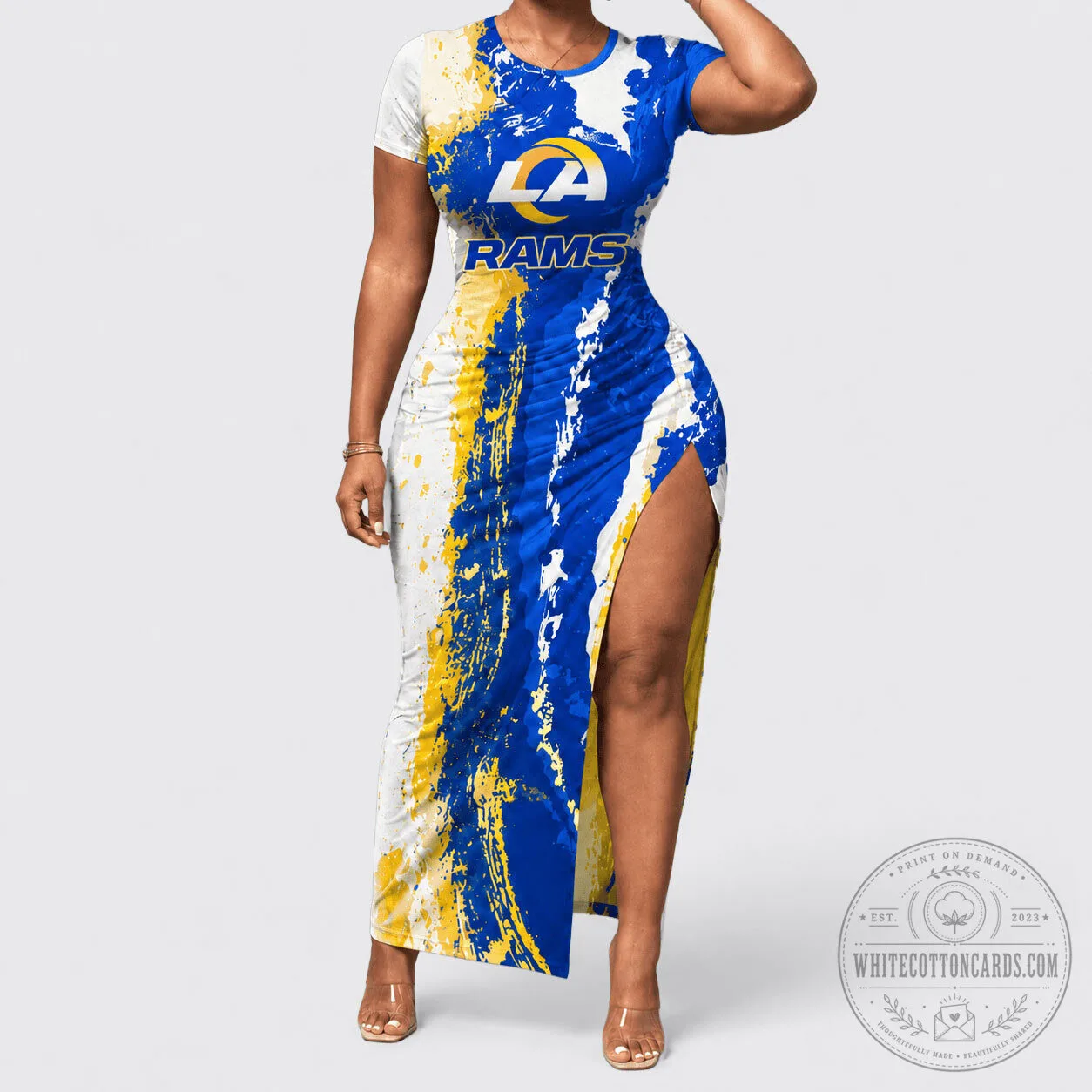 Los Angeles Rams Paint Splash Women's Short Sleeve Bodycon Dress 1 Los Angeles Rams Paint Splash Women's Short Sleeve Bodycon Dress