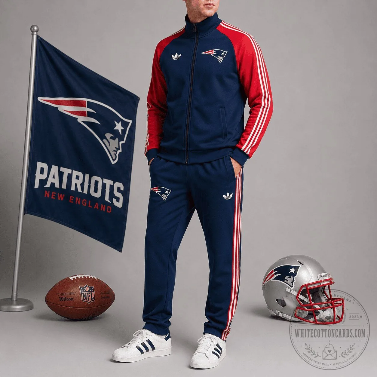 New England Patriots Football Team Navy Blue and Red Tracksuit Jacket and Pants Set