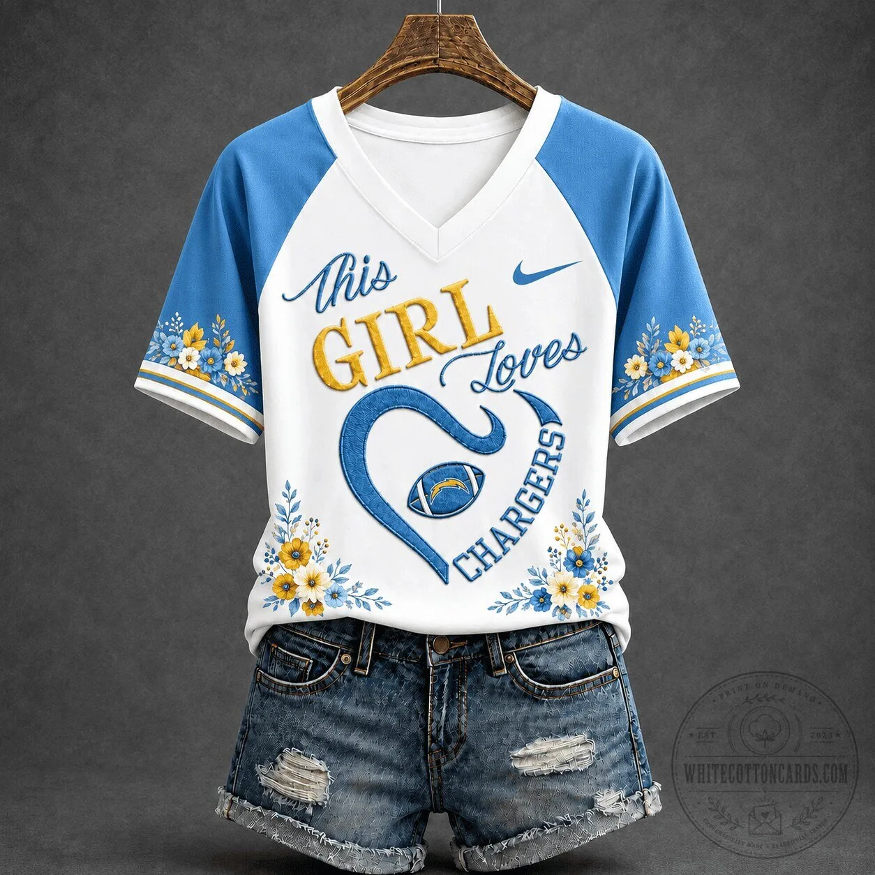 Los Angeles Chargers This Girl Loves Football Floral V-Neck T-Shirt