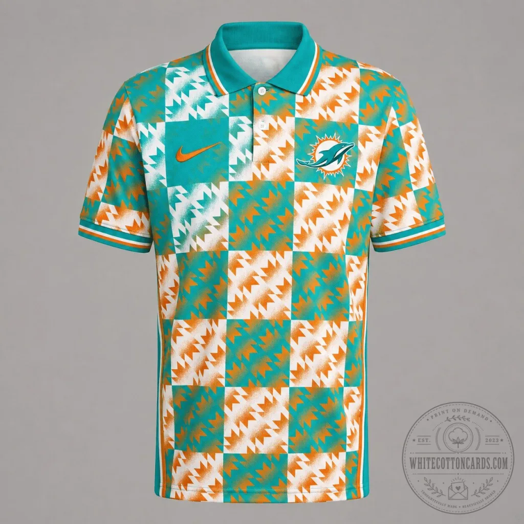 Miami Dolphins NFL Retro Geometric Pattern Polo Shirt for Men Miami Dolphins NFL Retro Geometric Pattern Polo Shirt for Men