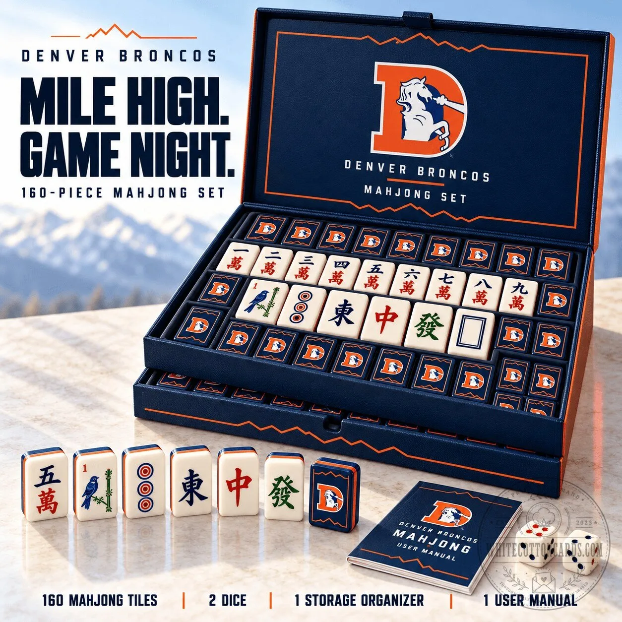 Denver Broncos Mile High Game Night 160 Piece Mahjong Set with Storage Organizer 1 Denver Broncos Mile High Game Night 160 Piece Mahjong Set with Storage Organizer