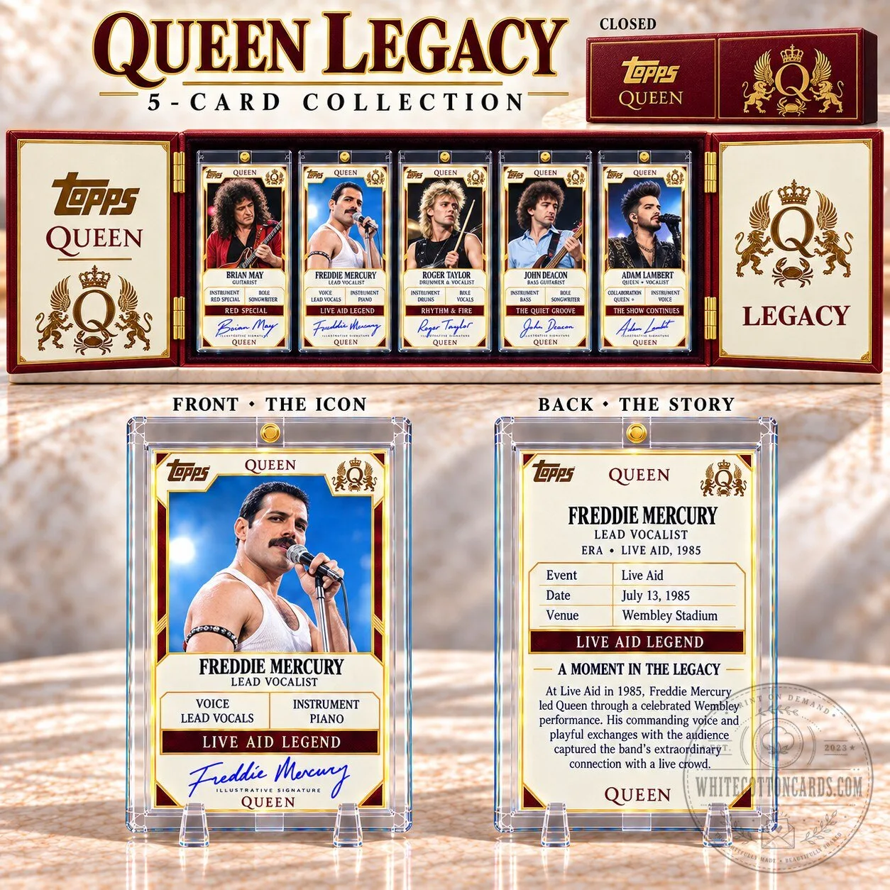 Queen Legacy 5-Card Collection Freddie Mercury Brian May Roger Taylor John Deacon Adam Lambert Topps Box Set