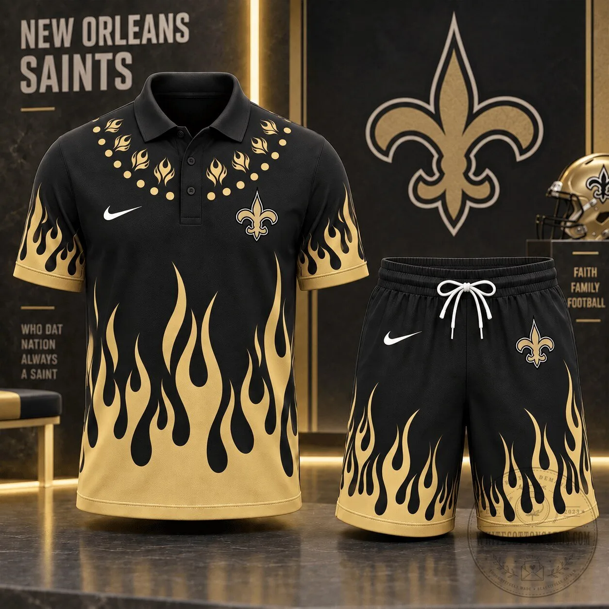 Black and Gold Polo Shirt and Shorts Set with Flame Graphic for New Orleans Saints Fans