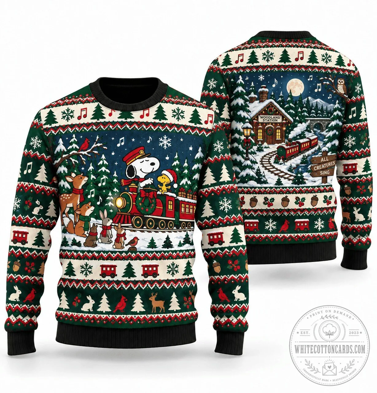 Snoopy Woodland Carol Train Ugly Christmas Crewneck Sweatshirt