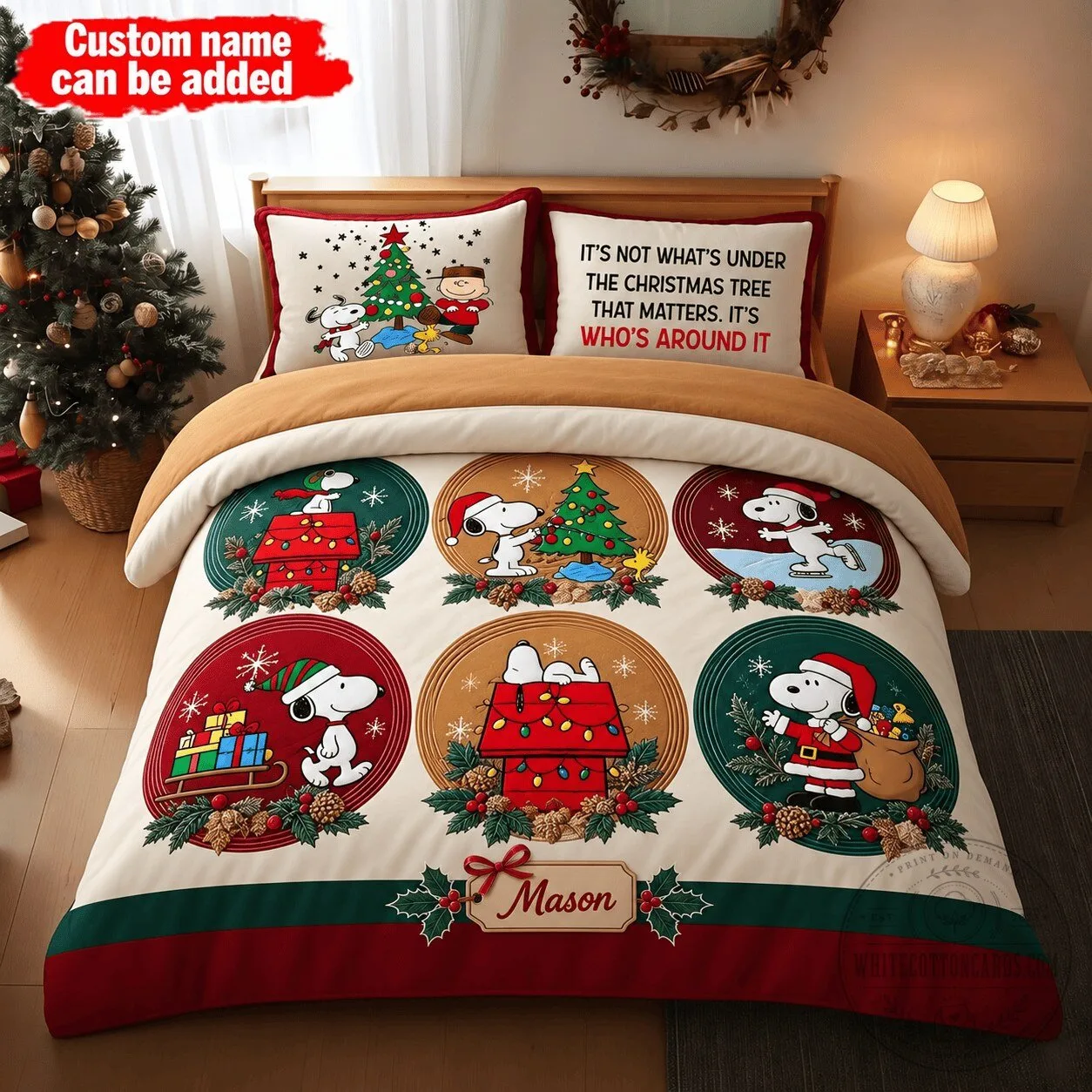 Personalized Snoopy Christmas Tree Holiday Bedding Set