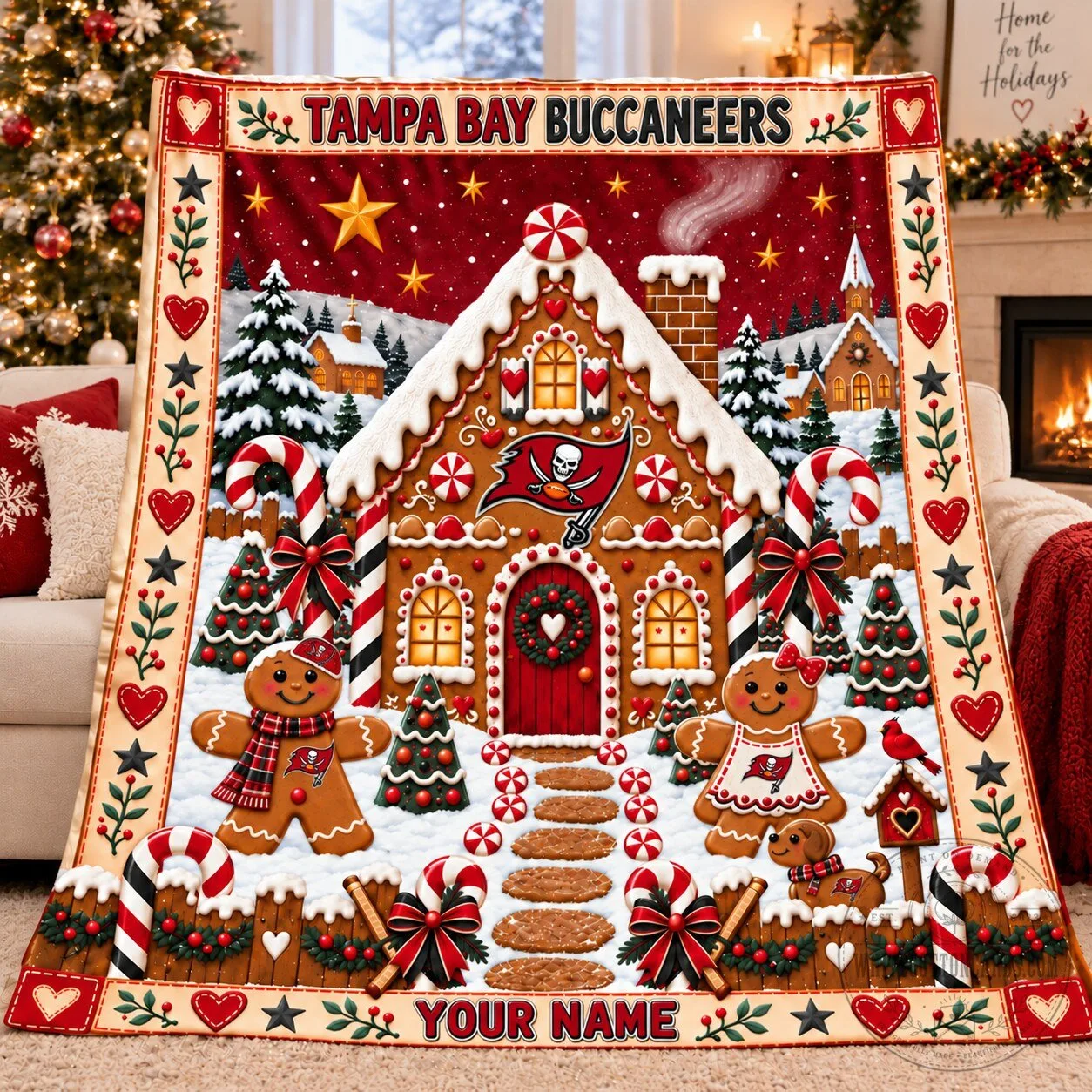 Tampa Bay Buccaneers Christmas Gingerbread House Personalized Fleece Blanket