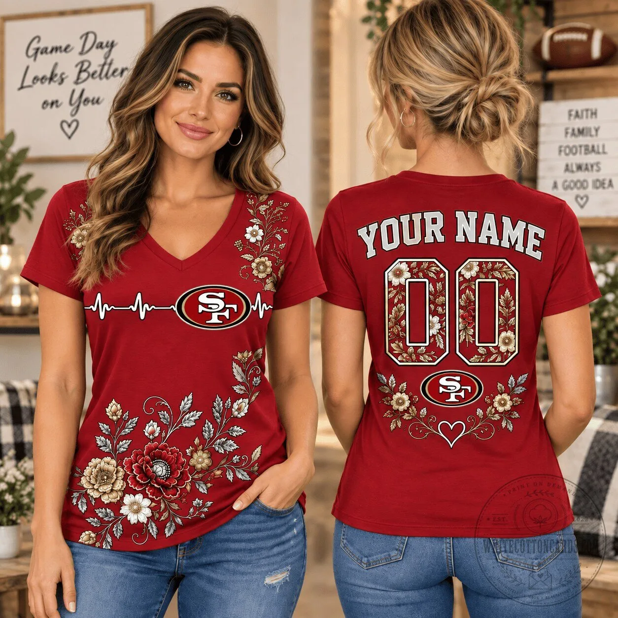 San Francisco 49ers Personalized Floral V-Neck T-Shirt for Women