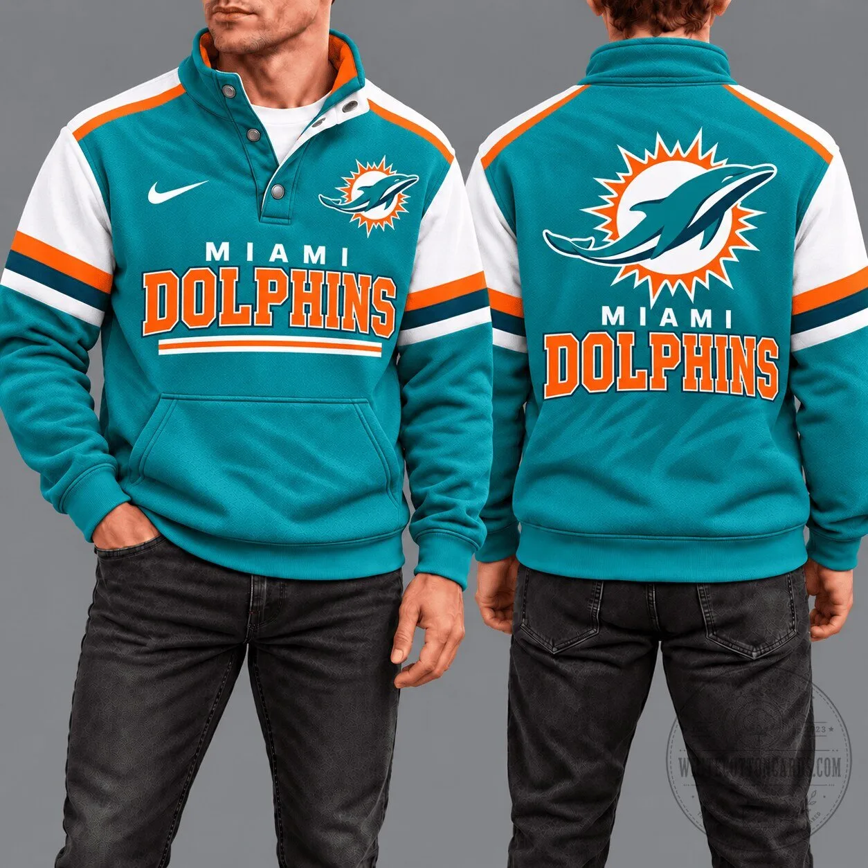 Miami Dolphins NFL Football Team Logo Aqua Snap Neck Pullover Sweatshirt