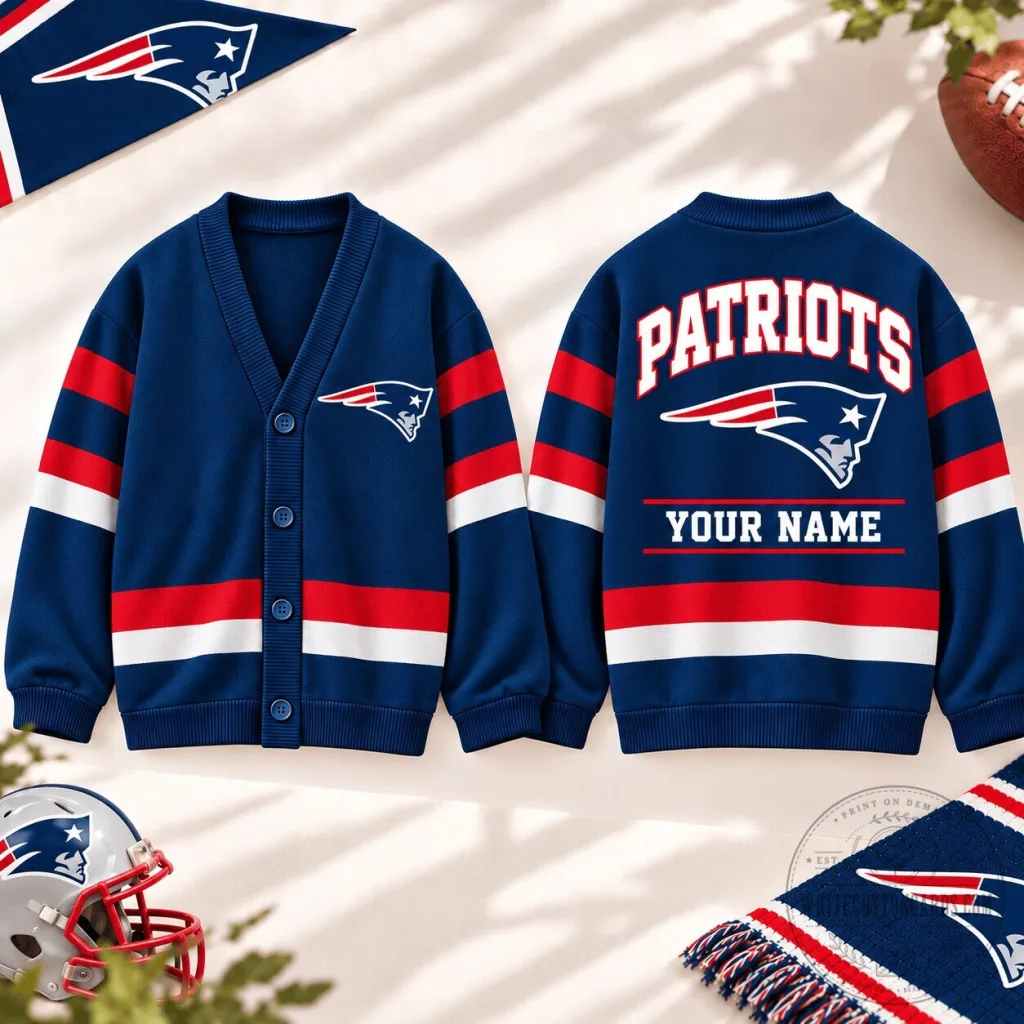New England Patriots Personalized Blue and Red Striped Knitted Cardigan Sweater New England Patriots Personalized Blue and Red Striped Knitted Cardigan Sweater