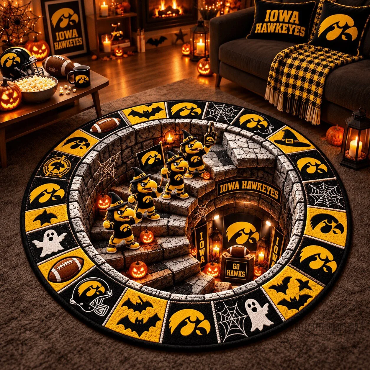 Iowa Hawkeyes Halloween College Football Fan Round Rug