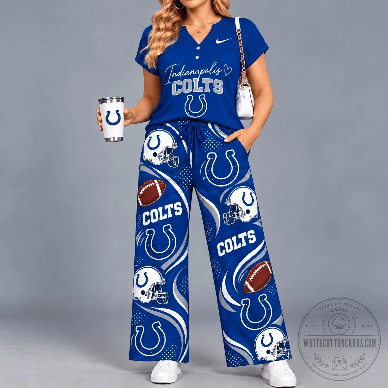Indianapolis Colts Football Team V-Neck Top and Wide Leg Pants Pajama Set