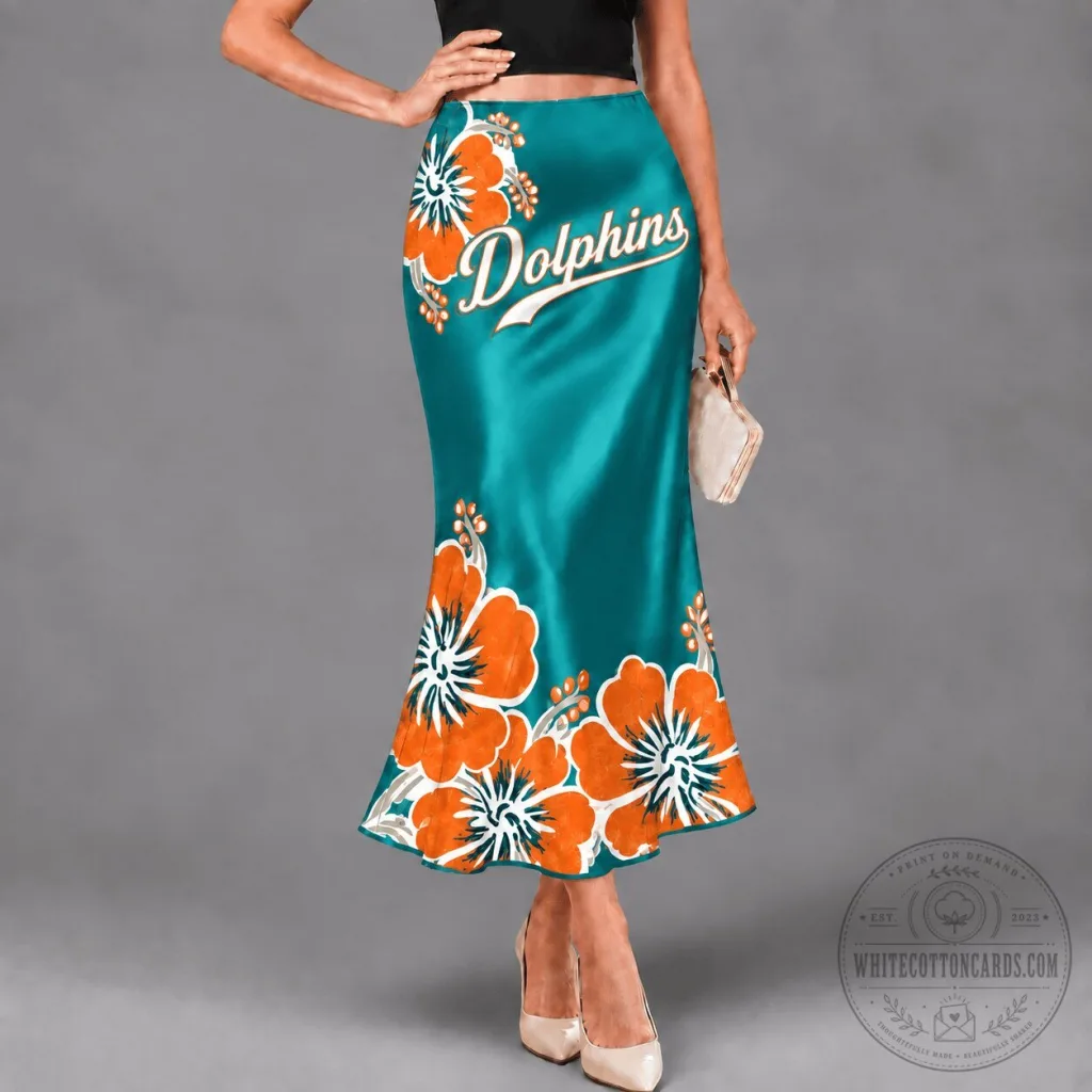 Miami Dolphins Hibiscus Floral Print Teal Satin Maxi Skirt Miami Dolphins Hibiscus Floral Print Teal Satin Maxi Skirt