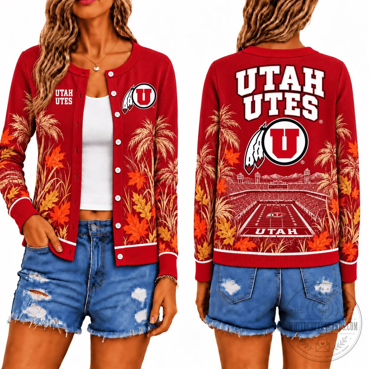 Utah Utes Football Stadium Autumn Leaves Cardigan