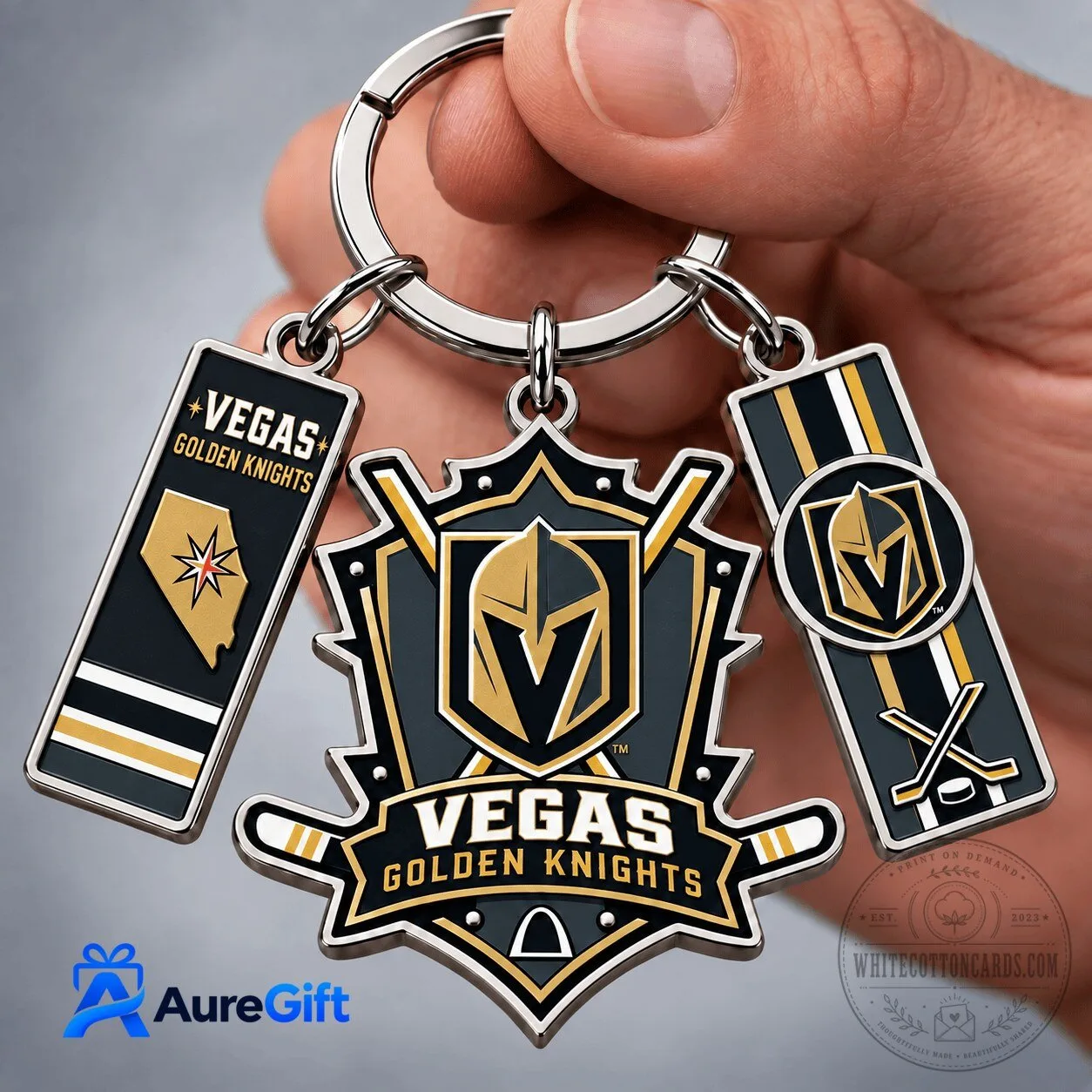 Vegas Golden Knights NHL Hockey Team Logo and Nevada State Map Keychain