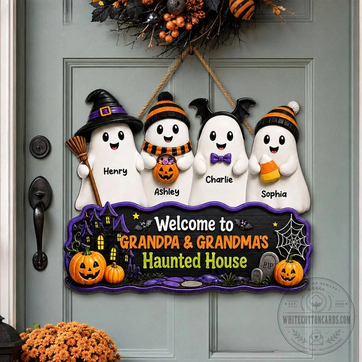 Personalized Grandparents Haunted House Halloween Ghost Family Name Wood Sign