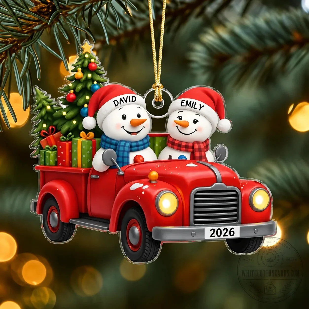 Personalized Snowman Couple Driving Red Truck Christmas Tree Ornament 9 Personalized Snowman Couple Driving Red Truck Christmas Tree Ornament