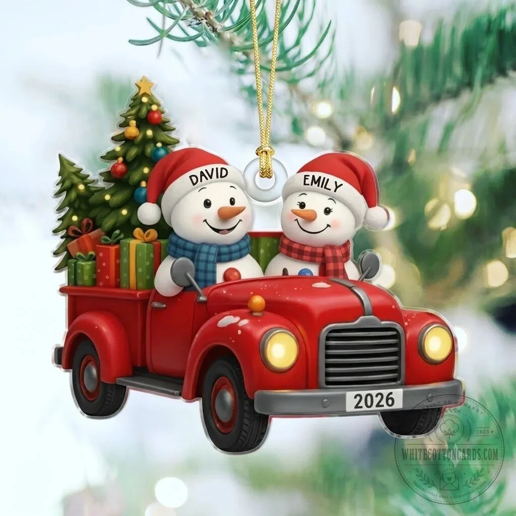 Personalized Snowman Couple Driving Red Truck Christmas Tree Ornament 10 Personalized Snowman Couple Driving Red Truck Christmas Tree Ornament