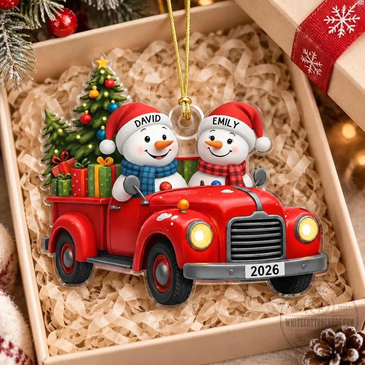 Personalized Snowman Couple Driving Red Truck Christmas Tree Ornament 11 Personalized Snowman Couple Driving Red Truck Christmas Tree Ornament