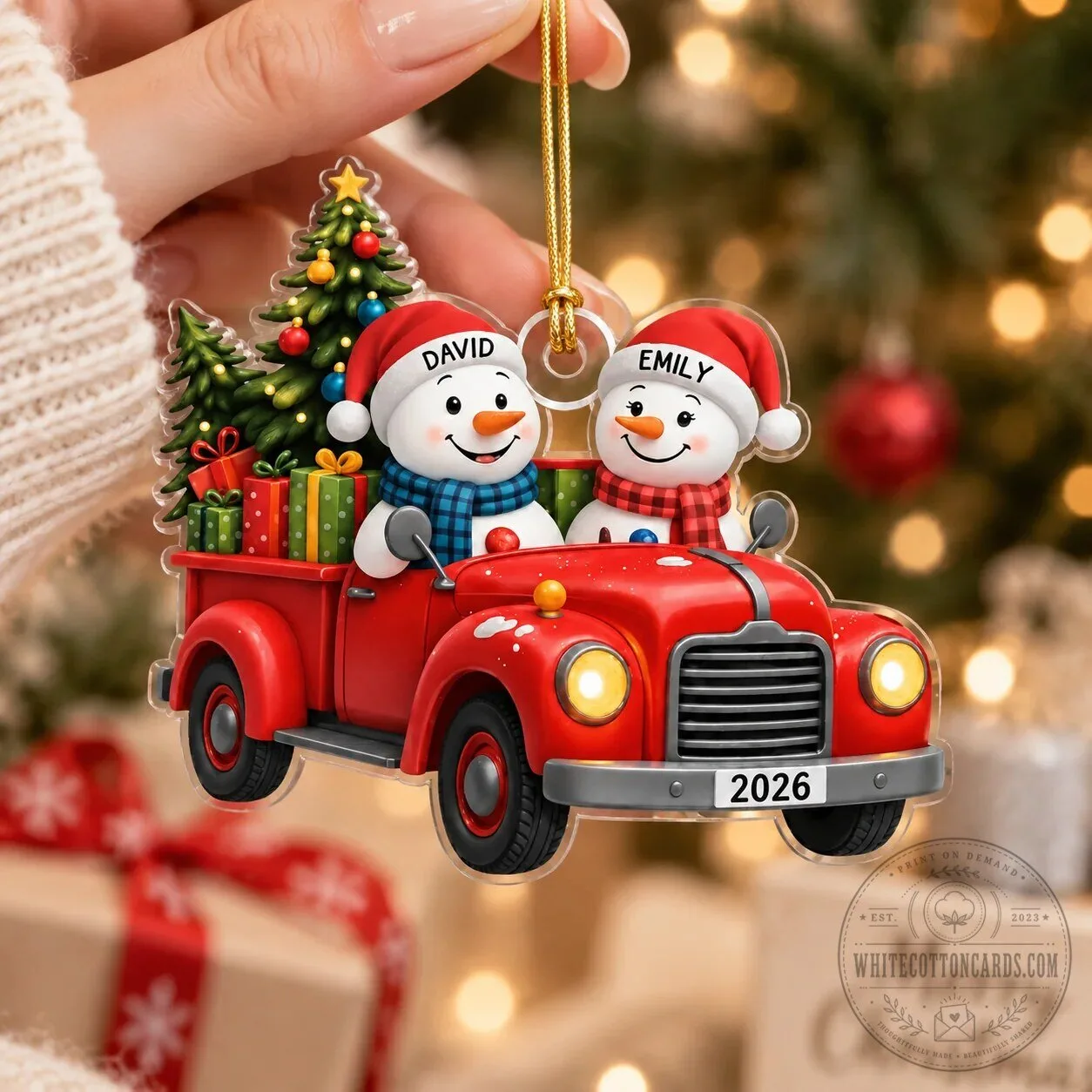 Personalized Snowman Couple Driving Red Truck Christmas Tree Ornament 12 Personalized Snowman Couple Driving Red Truck Christmas Tree Ornament
