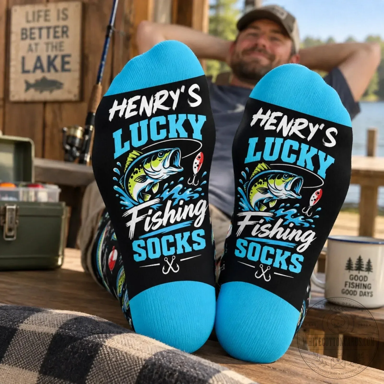 Personalized Lucky Fishing Crew Socks for Men, Custom Name Fisherman Gift 6 Personalized Lucky Fishing Crew Socks for Men, Custom Name Fisherman Gift
