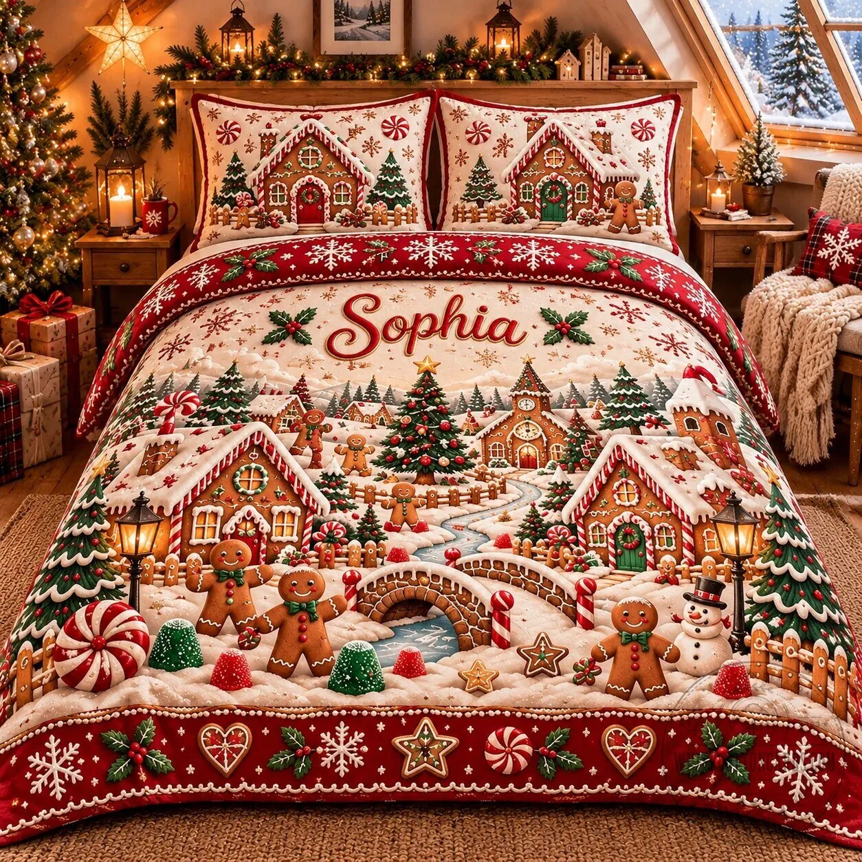 Personalized Christmas Gingerbread Village Quilted Bedding Set for Kids 8 Personalized Christmas Gingerbread Village Quilted Bedding Set for Kids