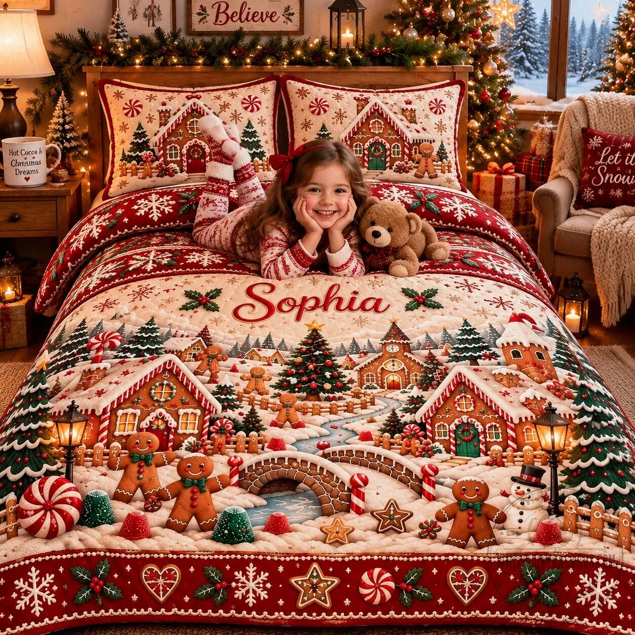 Personalized Christmas Gingerbread Village Quilted Bedding Set for Kids 9 Personalized Christmas Gingerbread Village Quilted Bedding Set for Kids