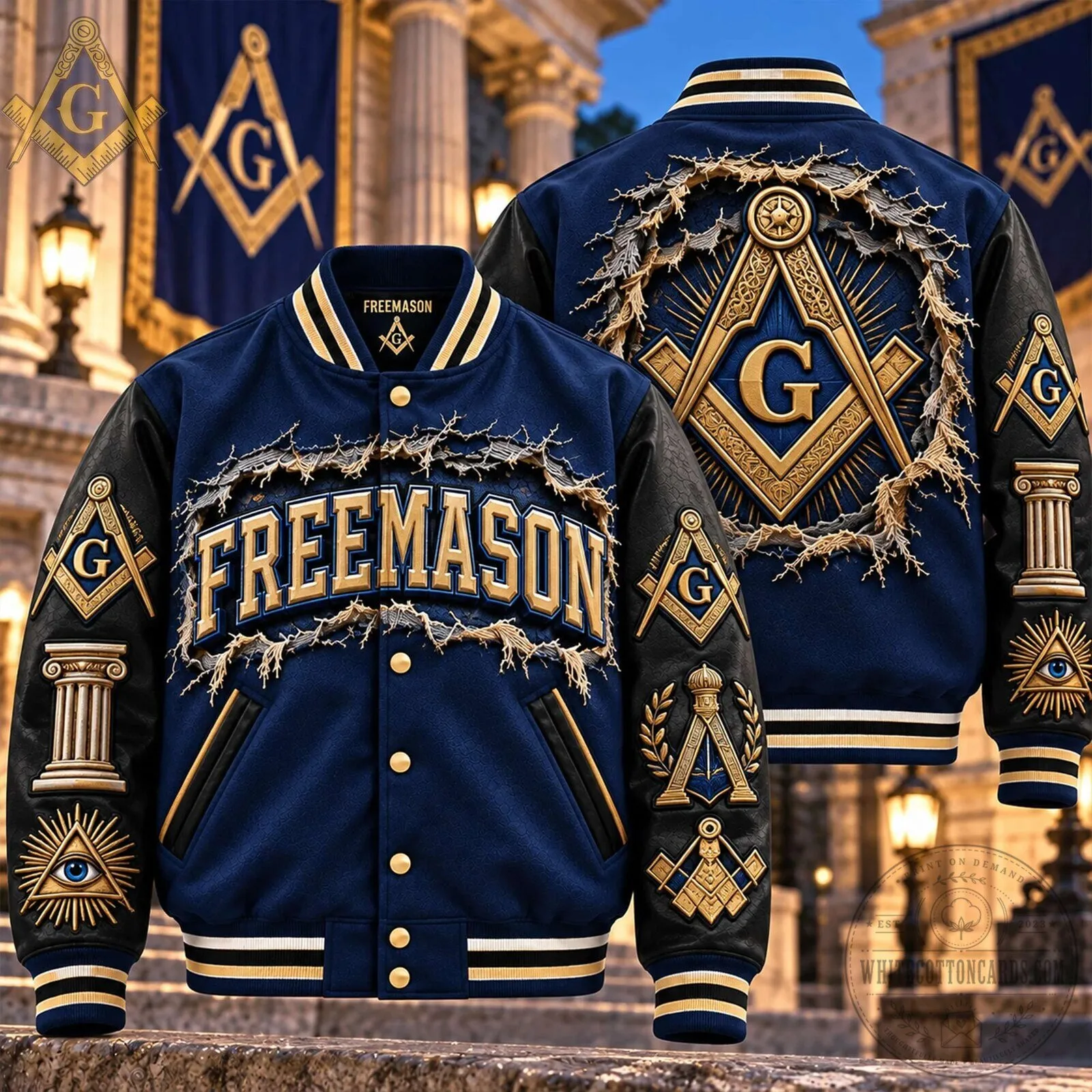 Freemasonry Masonic All Seeing Eye Gold Symbols Blue Varsity Jacket