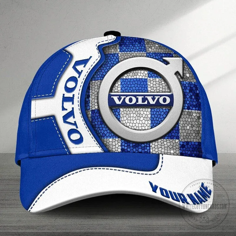 Volvo Blue and White Checkered Pattern Custom Name Baseball Cap Hat